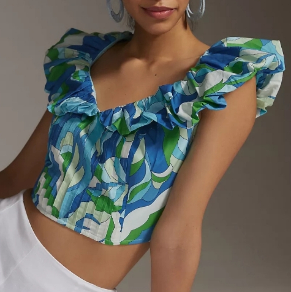 Anthropologie Blue Green White Ruffled Crop Top